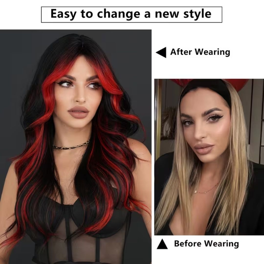 Czarno-czerwona peruka damska z długimi falowanymi lokami 66 cm, ombre, na bale tematyczne, cosplay, karnawał i do kostiumu | Sansoti