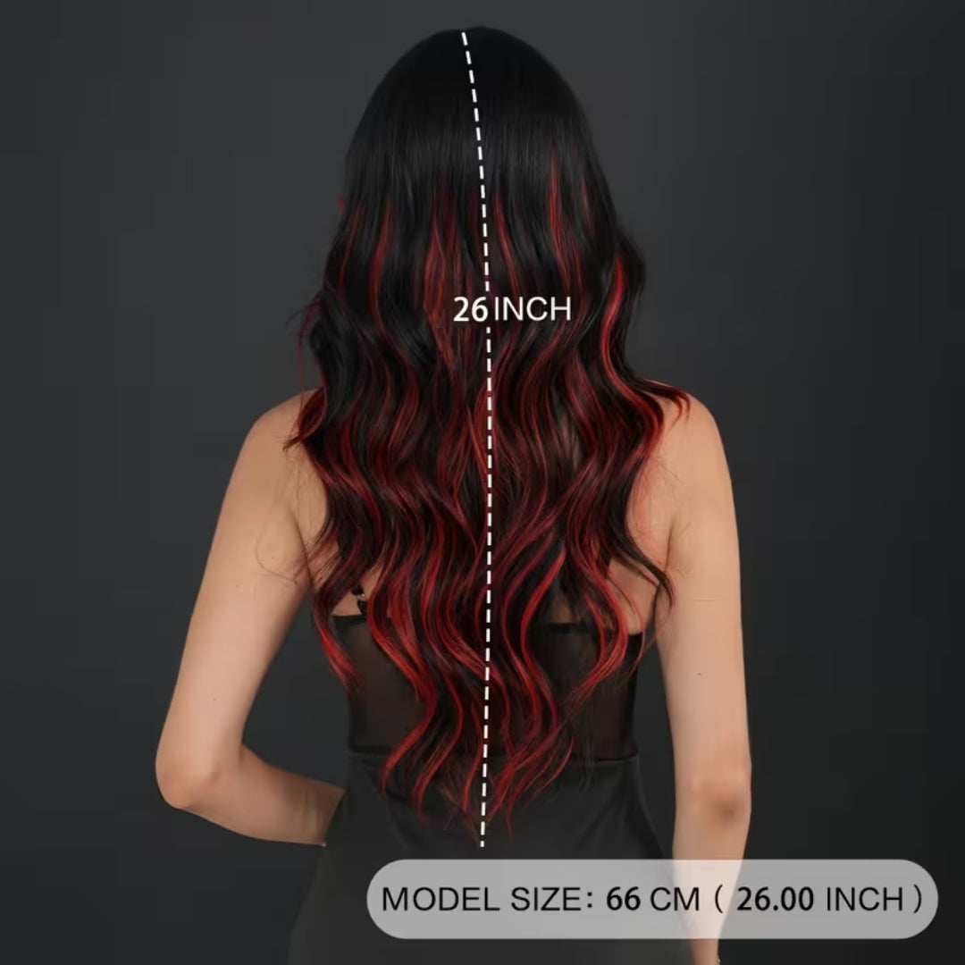 Czarno-czerwona peruka damska z długimi falowanymi lokami 66 cm, ombre, na bale tematyczne, cosplay, karnawał i do kostiumu | Sansoti