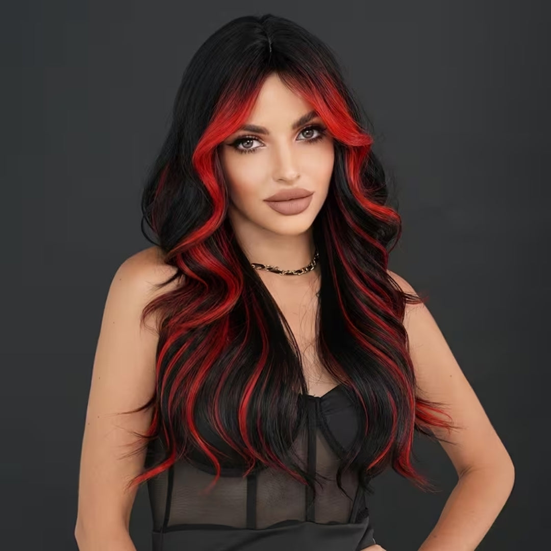 Czarno-czerwona peruka damska z długimi falowanymi lokami 66 cm, ombre, na bale tematyczne, cosplay, karnawał i do kostiumu | Sansoti