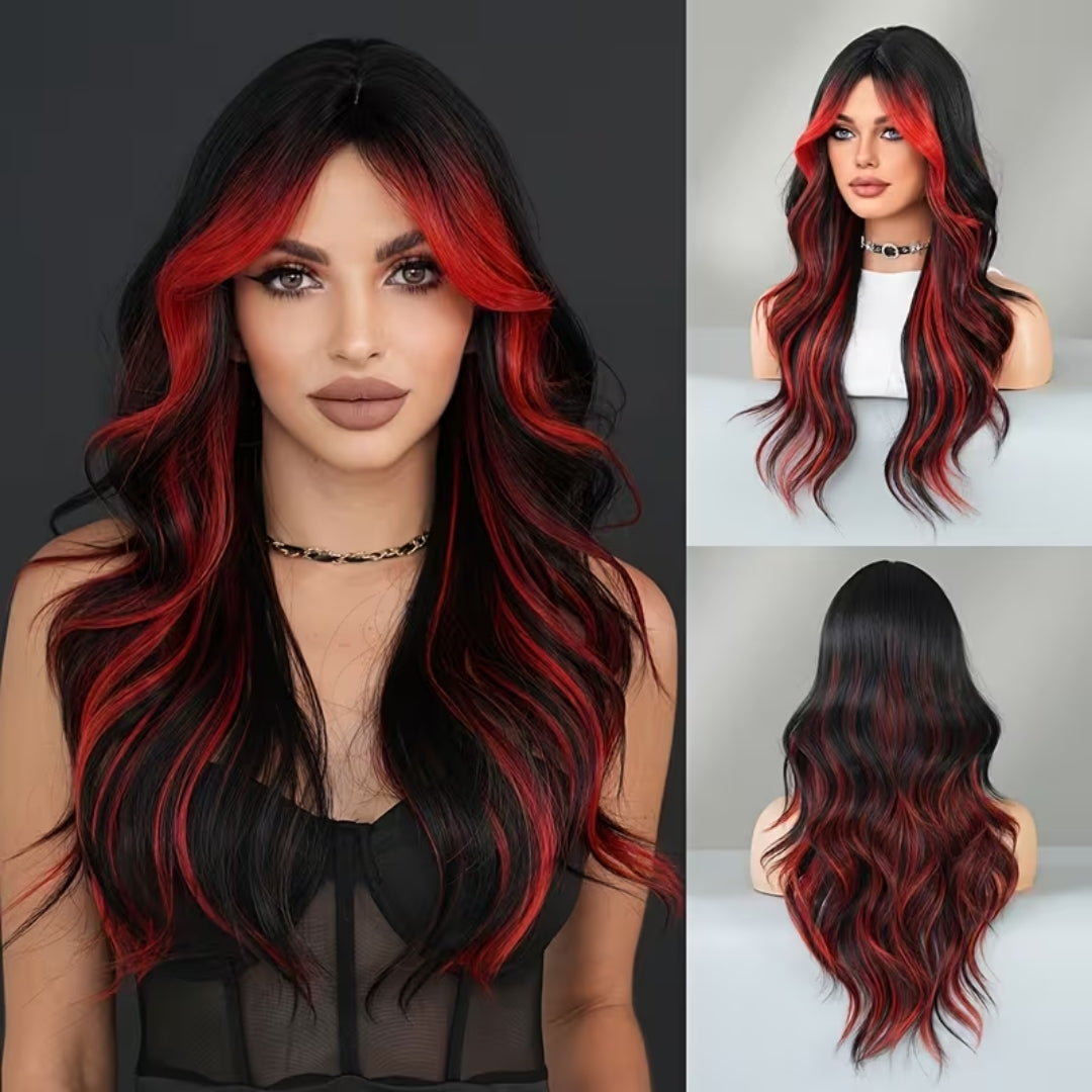 Czarno-czerwona peruka damska z długimi falowanymi lokami 66 cm, ombre, na bale tematyczne, cosplay, karnawał i do kostiumu | Sansoti