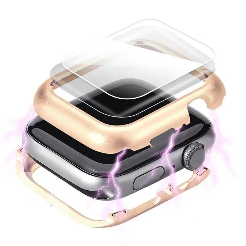 Tempered Glass Screen Protector with Steel Housing for Apple Watch 38-44mm Black Silver Gold Protection | Sansoti