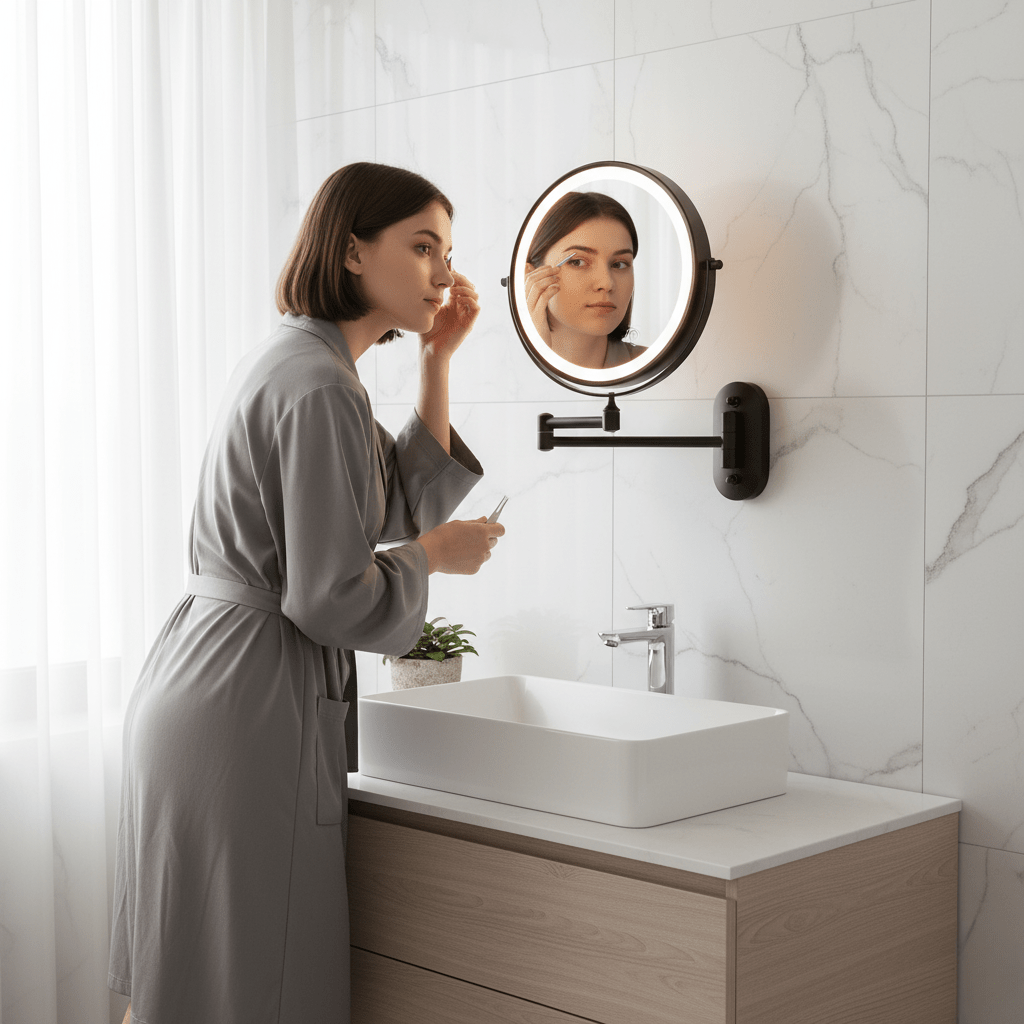 Illuminated Magnifying Mirror 3x-10x with Rechargeable LED Lighting Dimmable Touch Black Chrome Bathroom | Sansoti