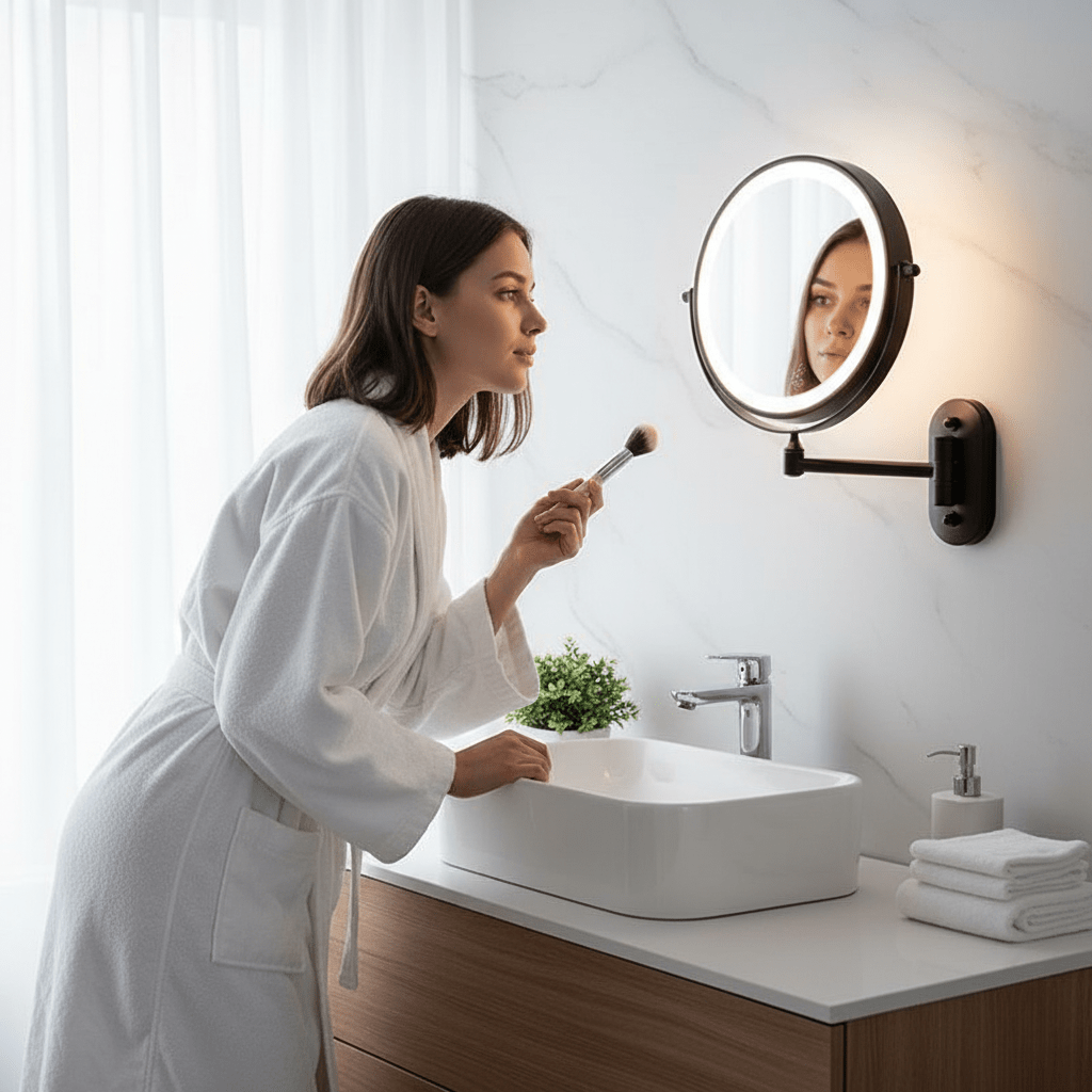 Illuminated Magnifying Mirror 3x-10x with Rechargeable LED Lighting Dimmable Touch Black Chrome Bathroom | Sansoti