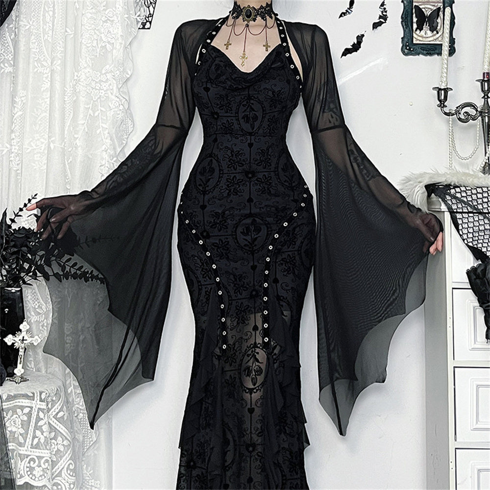 Gazen Crop Top met Vleermuismouwen Gothic Heks Feestkleding Zwart Mesh Bovenkleding Alternatieve Mode Vrouwen | Sansoti