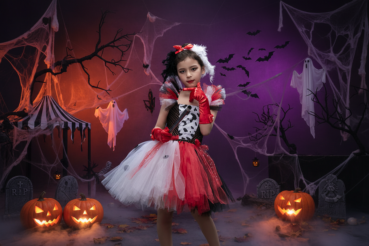 Tutu-Kleid für Mädchen, Schwarz-Weiß-Dalmatiner-Print, Halloweenkostüm, Kostümfest, Karneval, Kinderparty-Outfit | Sansoti