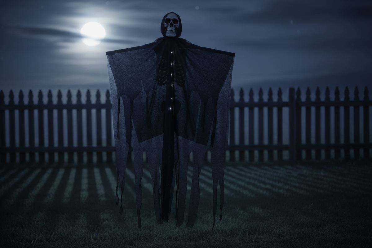 Beleuchtetes Hängegespenst mit Schädel und Netz für Halloween-Dekoration im Garten, auf der Veranda, für Partys und eine gruselige Atmosphäre im Außenbereich | Sansoti