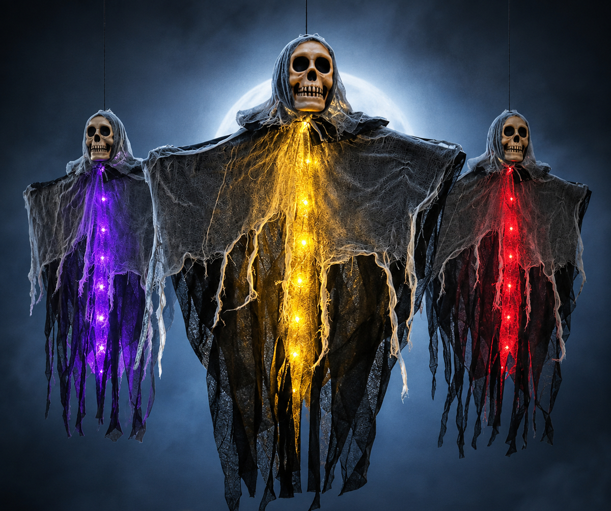 Beleuchtetes Hängegespenst mit Schädel und Netz für Halloween-Dekoration im Garten, auf der Veranda, für Partys und eine gruselige Atmosphäre im Außenbereich | Sansoti