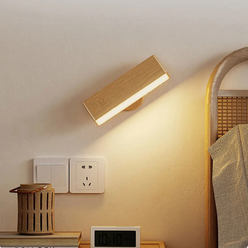Bezprzewodowa lampa ścienna z dotykowym sterowaniem, drewniana, z funkcją ściemniania, timerem, 3 trybami świecenia, ładowaniem USB, nastrojowym światłem i lampką do czytania | Sansoti