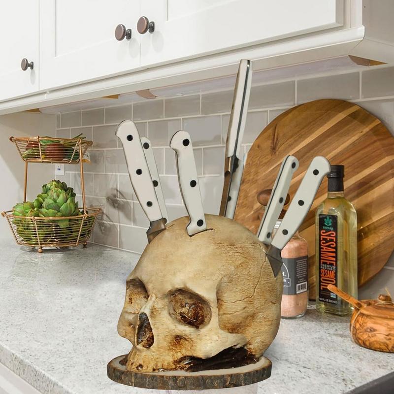 Schedelvormig Messenblok met Fruitschaal Gotisch Design Opbergrek Keuken Decoratie Horror Keukengerei | Sansoti