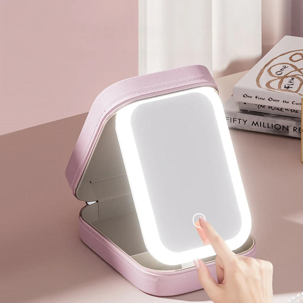 LED Make-up Organizer Box mit Spiegel und 3 Lichtstufen – Reisekoffer für Kosmetik | Sansoti