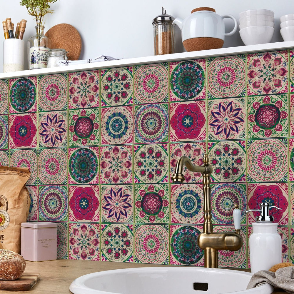 Self-Adhesive Portuguese Tile Stickers with Colorful Mandala Pattern for Kitchen and Bathroom Wall Decoration Set of 24 Pieces | Sansoti
