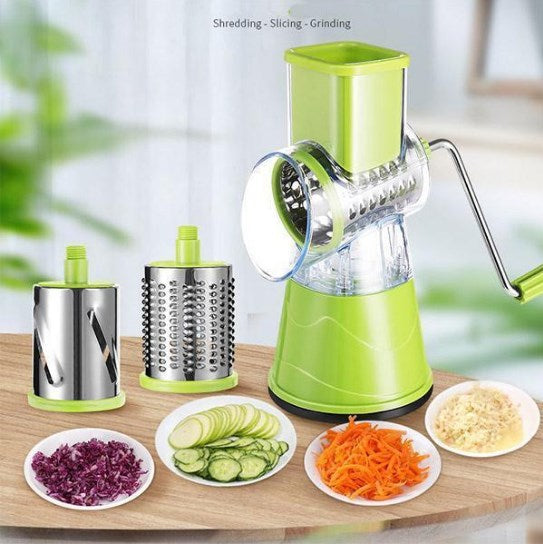 Drehbare Küchenreibe mit 3 Messern – Manuelle Multifunktionale Gemüseschneider und Käsereibe für Salat, Gebäck und Pasta | Sansoti