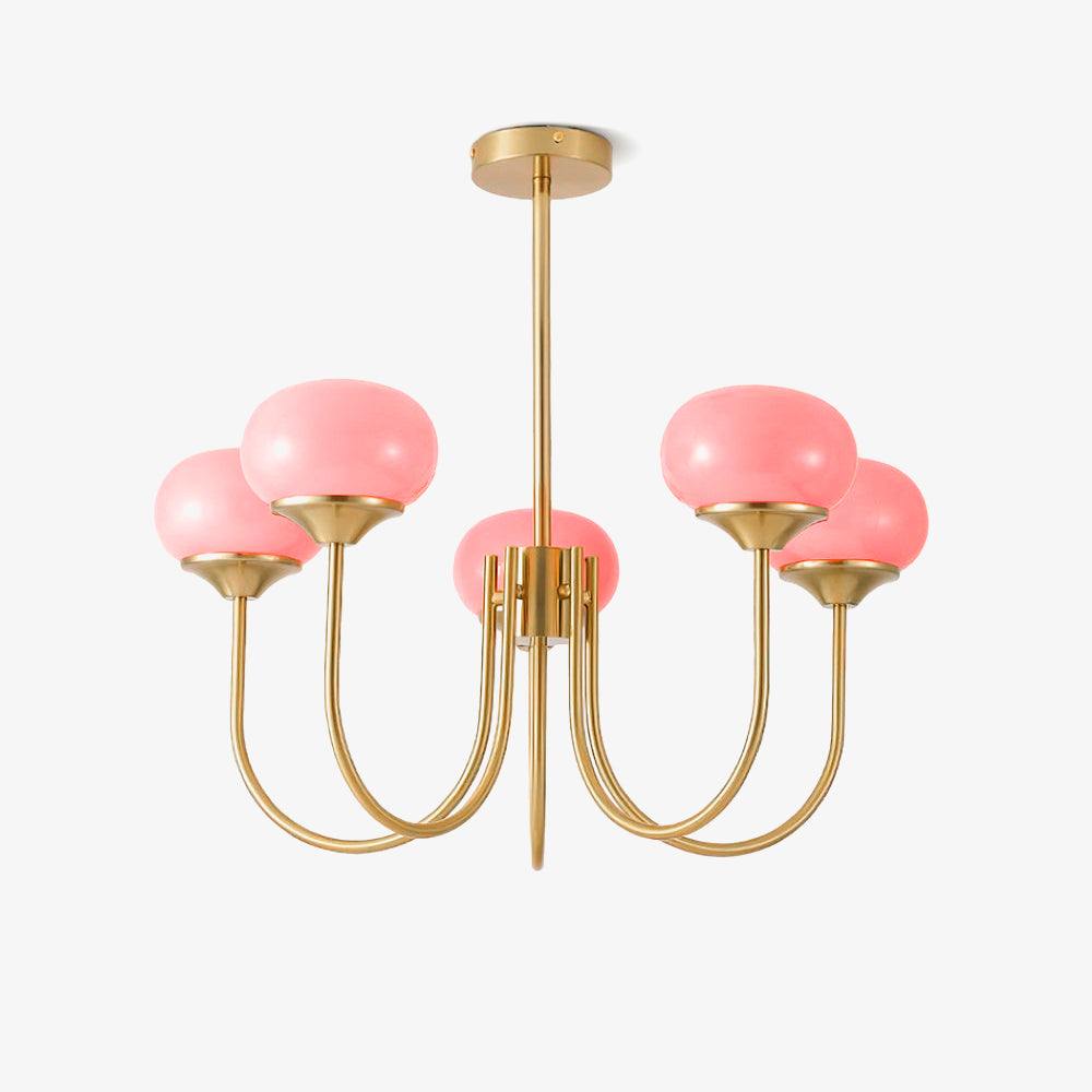 Glas Kronleuchter mit rosa, weißen oder cremefarbenen Kugeln und goldenem oder chromfarbenem Gestell, moderner Design-Kronleuchter mit 3 oder 5 Lichtpunkten für Wohnzimmer und Esszimmer | Sansoti