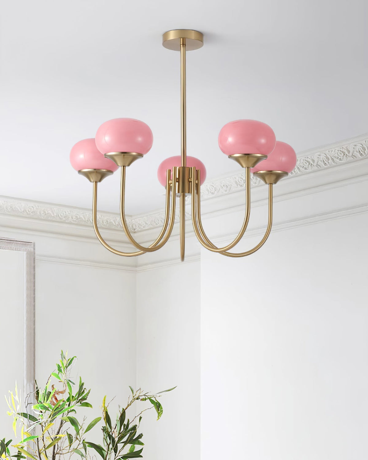 Glas Kronleuchter mit rosa, weißen oder cremefarbenen Kugeln und goldenem oder chromfarbenem Gestell, moderner Design-Kronleuchter mit 3 oder 5 Lichtpunkten für Wohnzimmer und Esszimmer | Sansoti