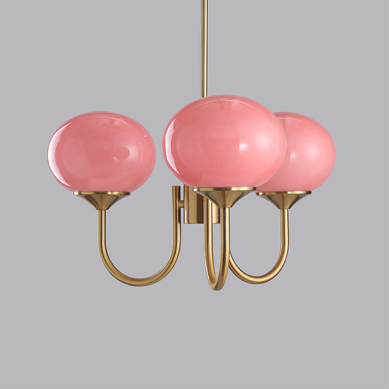 Glas Kronleuchter mit rosa, weißen oder cremefarbenen Kugeln und goldenem oder chromfarbenem Gestell, moderner Design-Kronleuchter mit 3 oder 5 Lichtpunkten für Wohnzimmer und Esszimmer | Sansoti