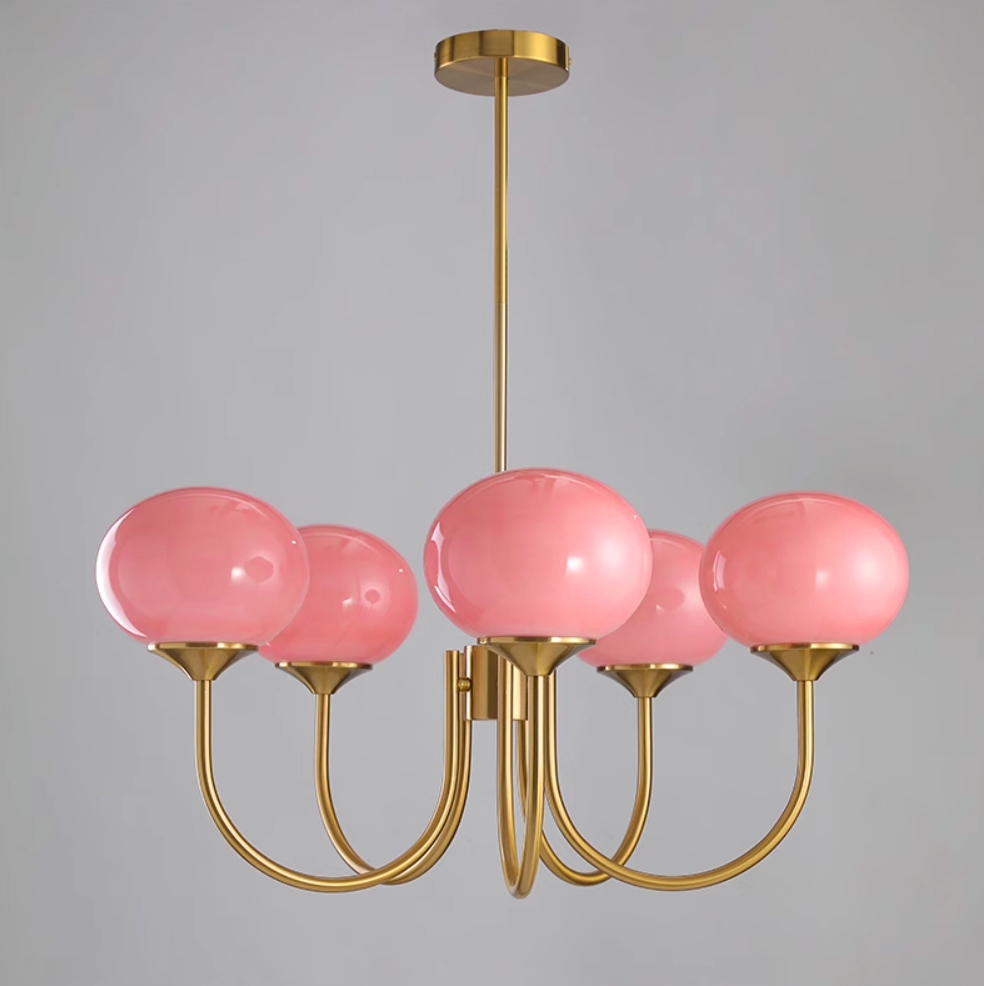 Glas Kronleuchter mit rosa, weißen oder cremefarbenen Kugeln und goldenem oder chromfarbenem Gestell, moderner Design-Kronleuchter mit 3 oder 5 Lichtpunkten für Wohnzimmer und Esszimmer | Sansoti