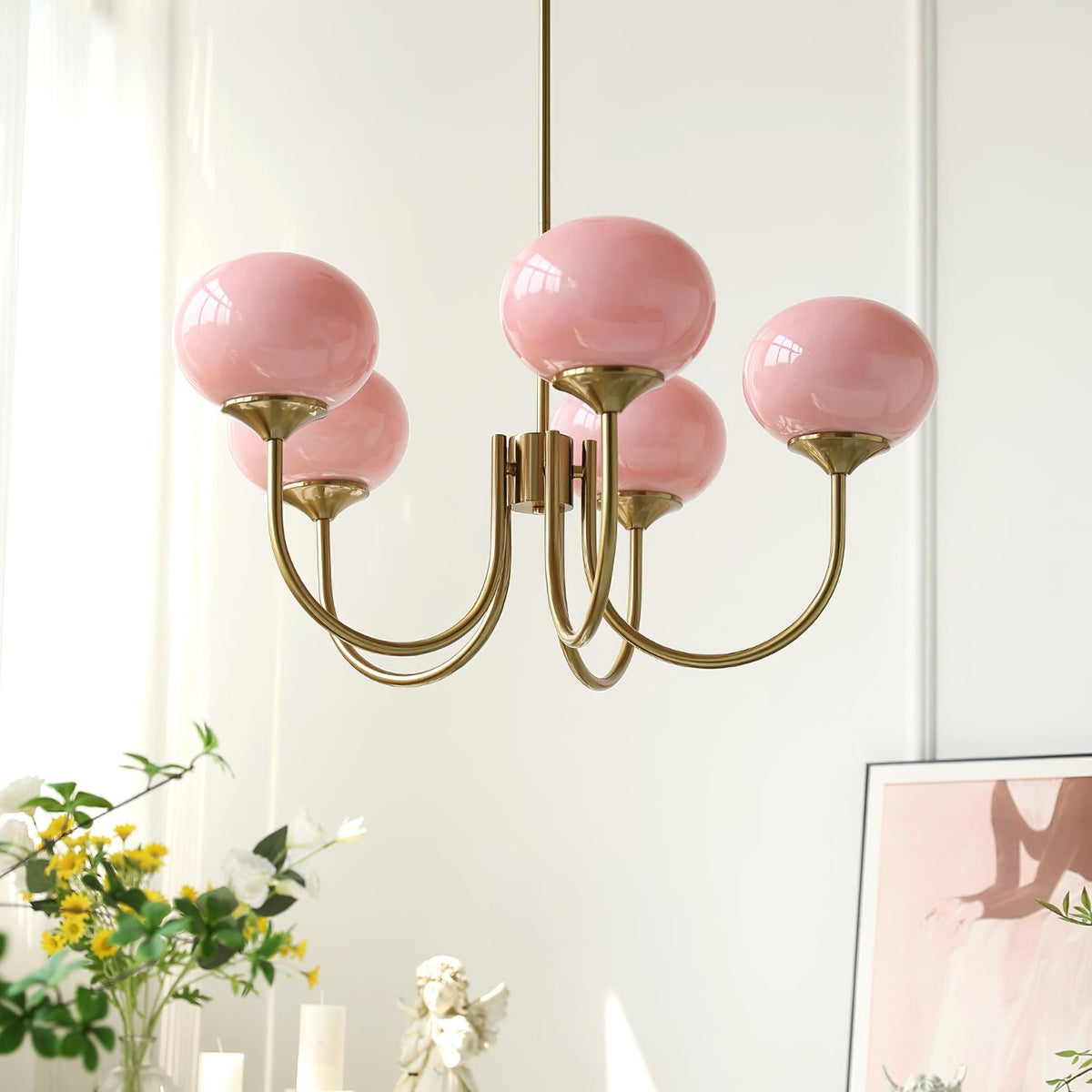 Glas Kronleuchter mit rosa, weißen oder cremefarbenen Kugeln und goldenem oder chromfarbenem Gestell, moderner Design-Kronleuchter mit 3 oder 5 Lichtpunkten für Wohnzimmer und Esszimmer | Sansoti
