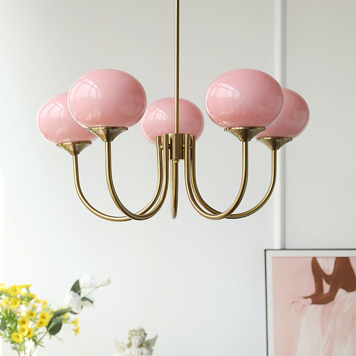 Glas Kronleuchter mit rosa, weißen oder cremefarbenen Kugeln und goldenem oder chromfarbenem Gestell, moderner Design-Kronleuchter mit 3 oder 5 Lichtpunkten für Wohnzimmer und Esszimmer | Sansoti