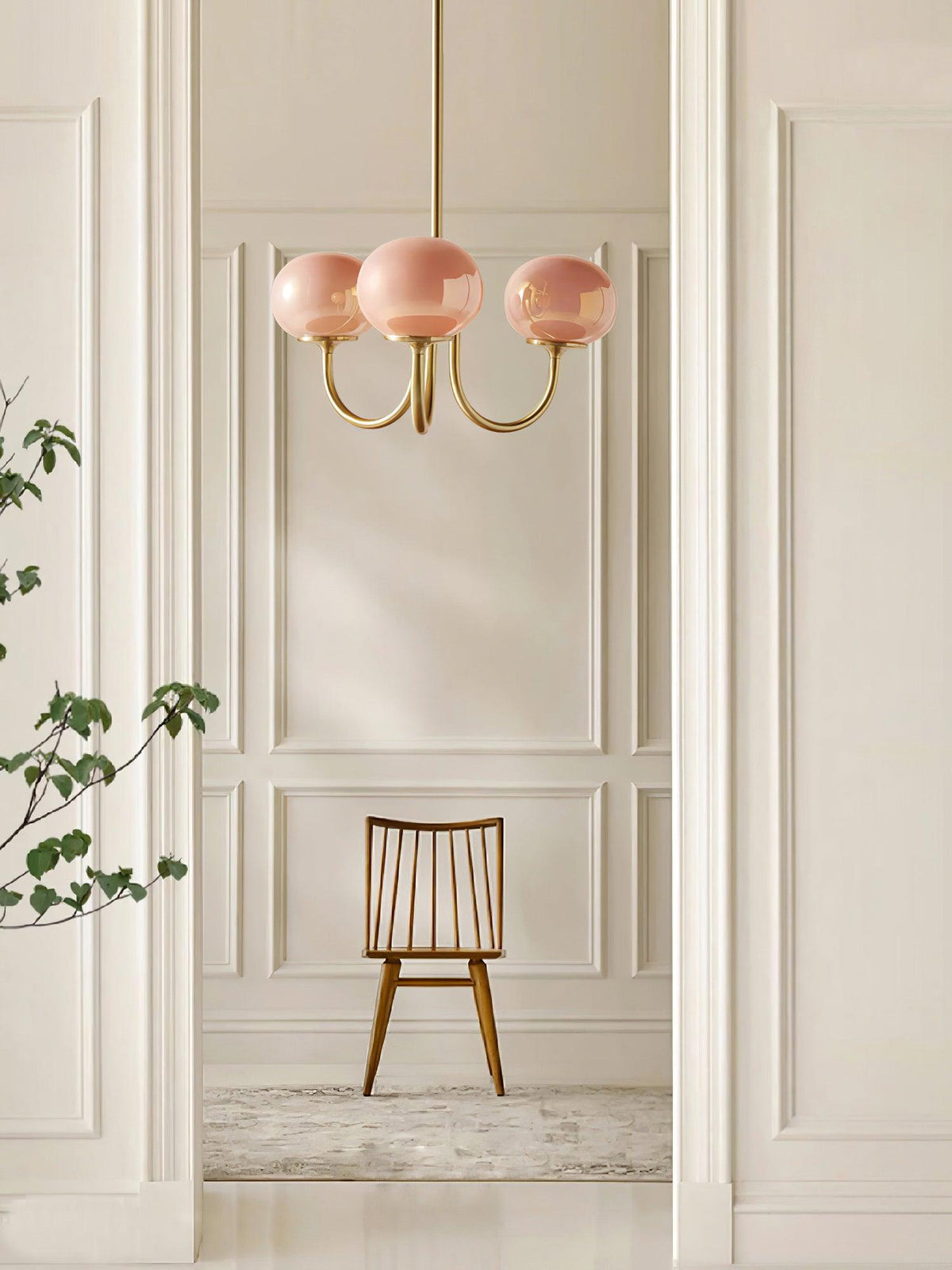 Glas Kronleuchter mit rosa, weißen oder cremefarbenen Kugeln und goldenem oder chromfarbenem Gestell, moderner Design-Kronleuchter mit 3 oder 5 Lichtpunkten für Wohnzimmer und Esszimmer | Sansoti