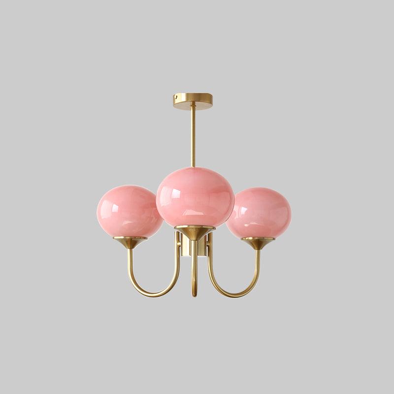 Glas Kronleuchter mit rosa, weißen oder cremefarbenen Kugeln und goldenem oder chromfarbenem Gestell, moderner Design-Kronleuchter mit 3 oder 5 Lichtpunkten für Wohnzimmer und Esszimmer | Sansoti