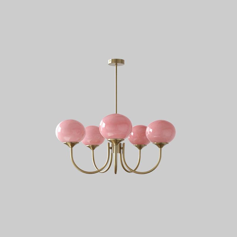 Glas Kronleuchter mit rosa, weißen oder cremefarbenen Kugeln und goldenem oder chromfarbenem Gestell, moderner Design-Kronleuchter mit 3 oder 5 Lichtpunkten für Wohnzimmer und Esszimmer | Sansoti