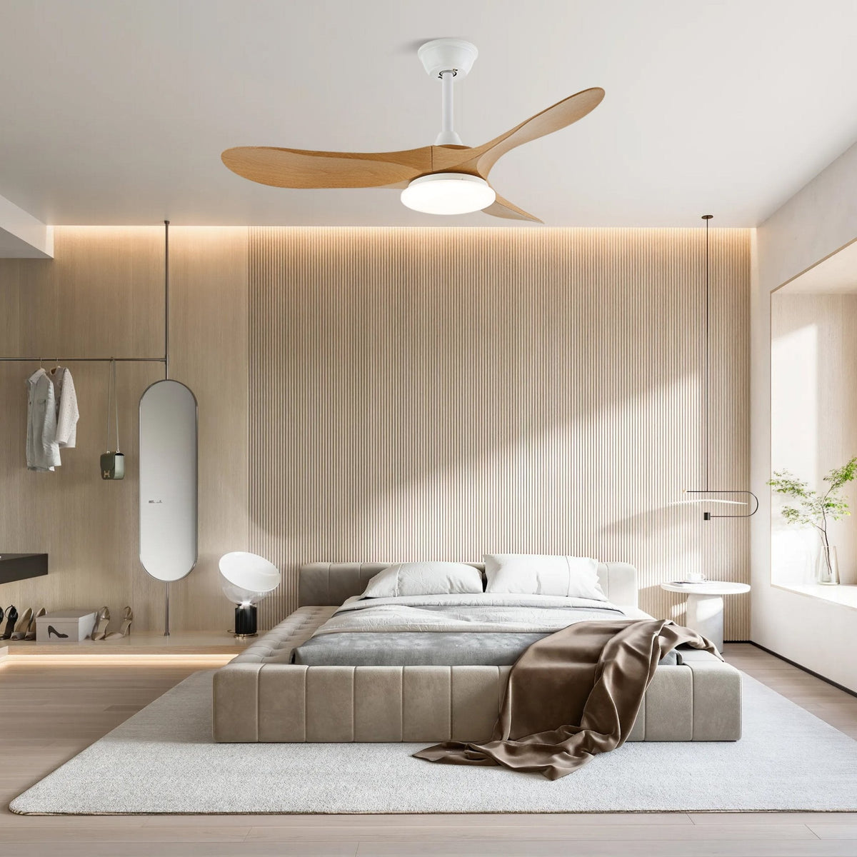Deckenventilator mit LED-Beleuchtung — Modernes Design mit Holzmaserung und 6 Geschwindigkeiten | Sansoti