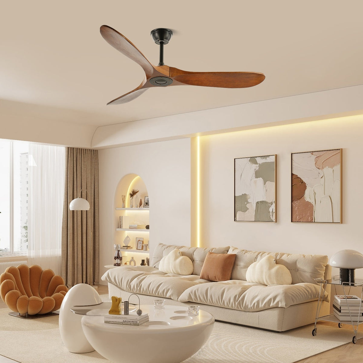 Deckenventilator Holz Walnuss ∅106/132cm 6 Geschwindigkeiten Leiser Motor Verstellbare Aufhängehöhe Wohnzimmer | Sansoti