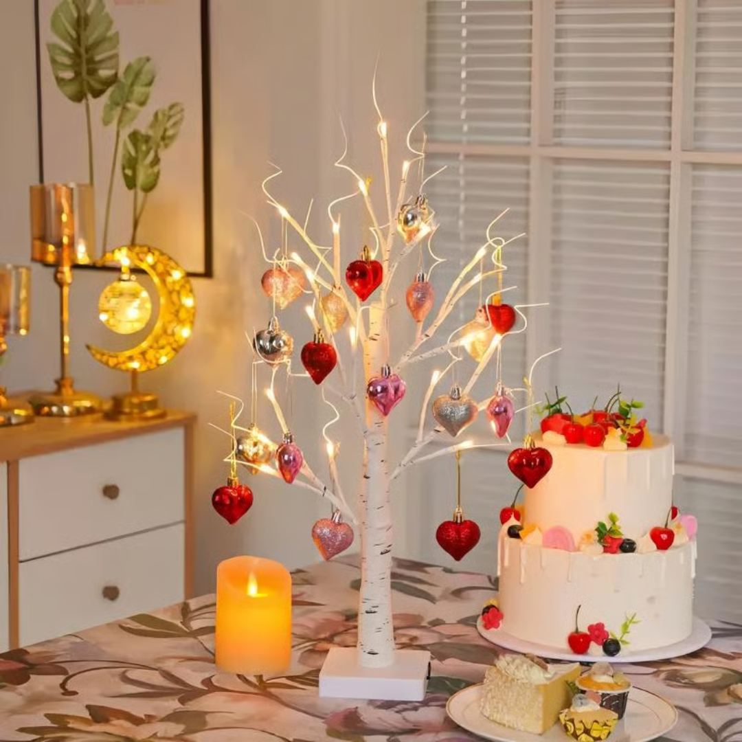 Bouleau lumineux à LED de 60 cm, lumière blanc chaud, décoration avec cœur et lampe d’ambiance pour table, salon et intérieur | Sansoti