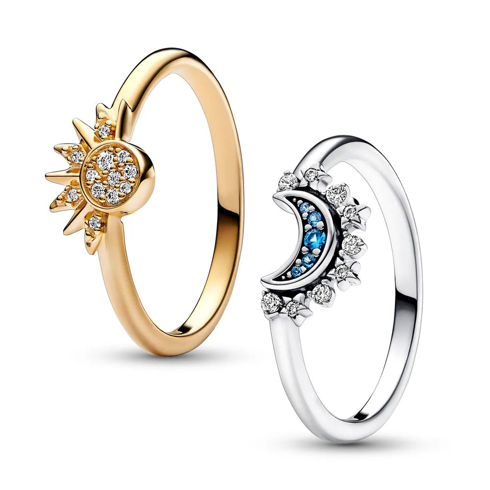 Sun and Moon Ring Set 925 Sterling Silver with Crystal Adjustable Rings Gold and Silver | Sansoti