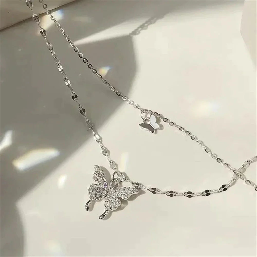 Set de bijoux superposés Argent avec pendentif papillon Cristal pour un port quotidien | Sansoti