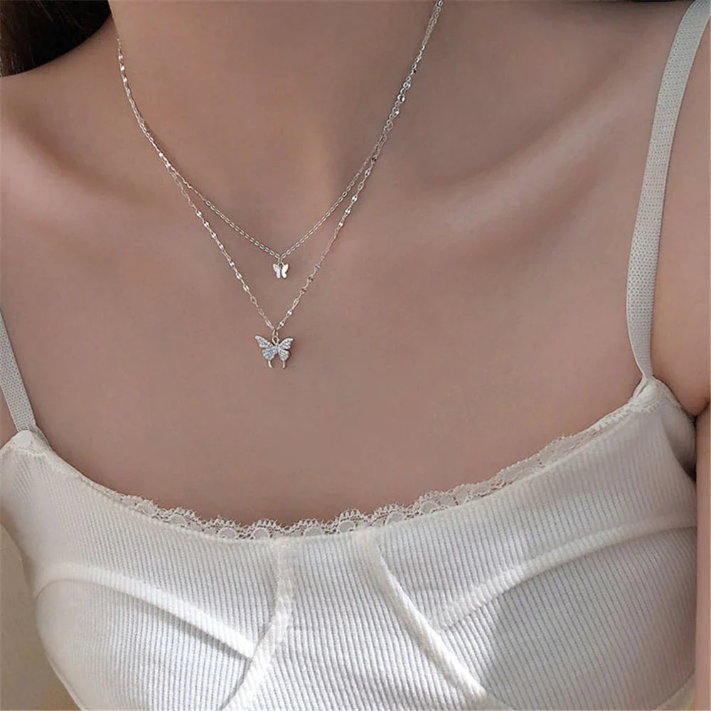 Set de bijoux superposés Argent avec pendentif papillon Cristal pour un port quotidien | Sansoti