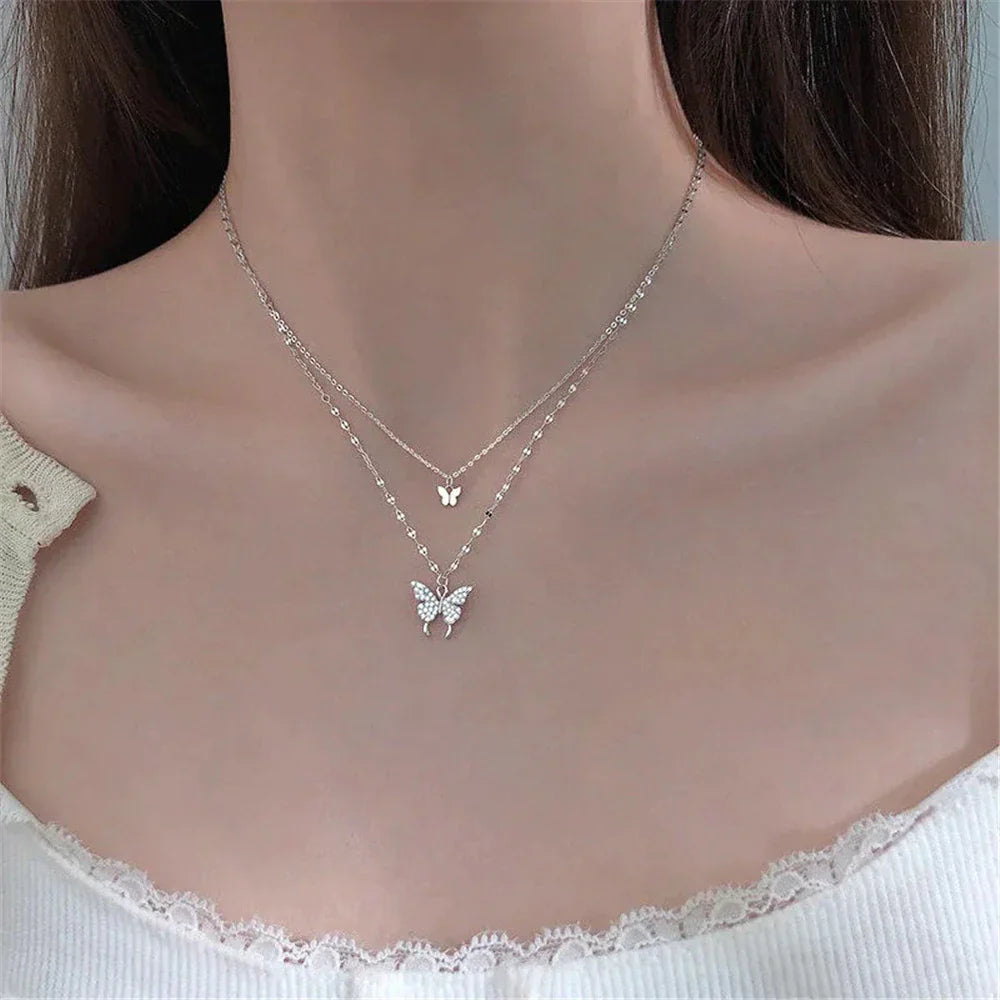 Set de bijoux superposés Argent avec pendentif papillon Cristal pour un port quotidien | Sansoti
