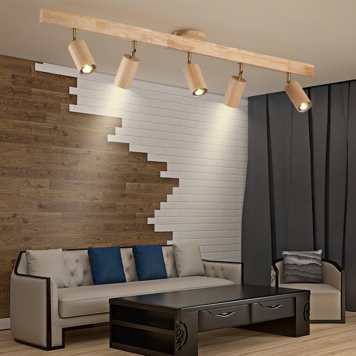 Wooden Track Ceiling Spotlight 2-5 Adjustable Spots Warm Light Kitchen Living Room Industrial Design Spotlights | Sansoti