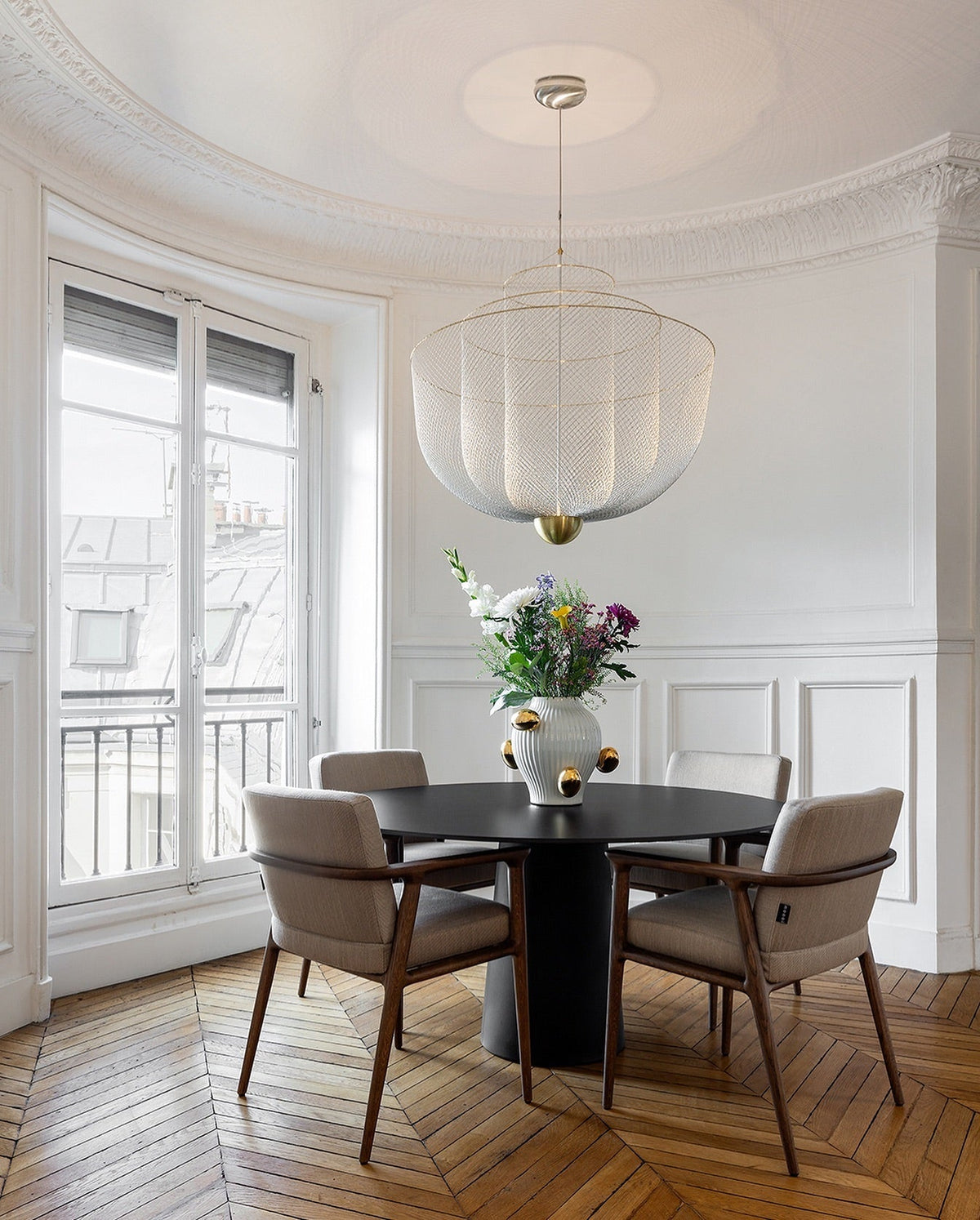 Geometric Metal Chandelier with Integrated LED and Brass Accents – Three-Layered Design Lamp | Sansoti