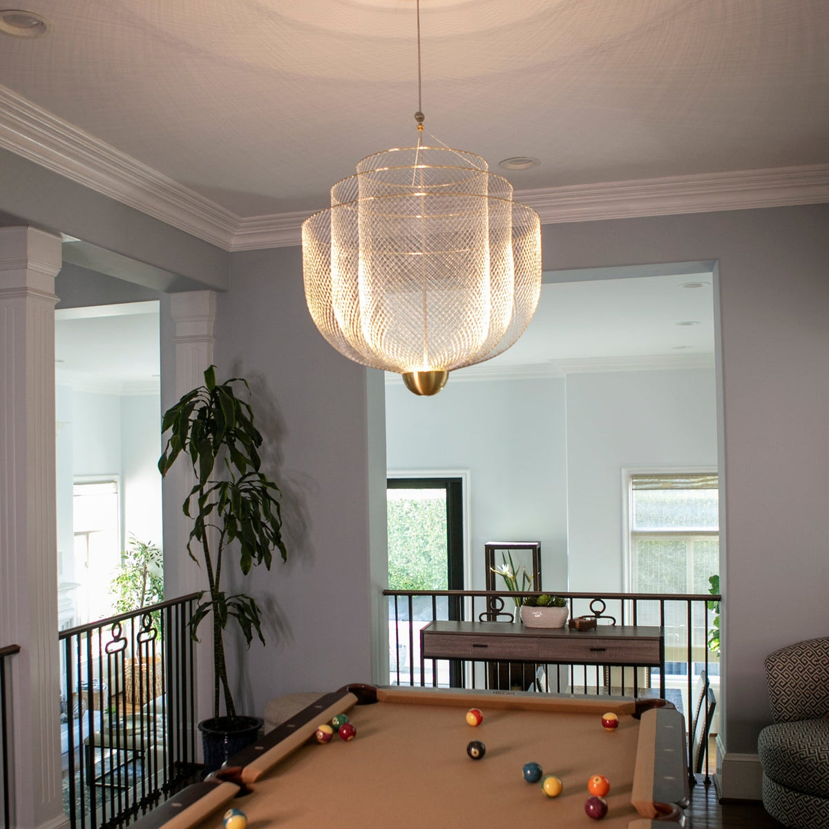 Geometric Metal Chandelier with Integrated LED and Brass Accents – Three-Layered Design Lamp | Sansoti