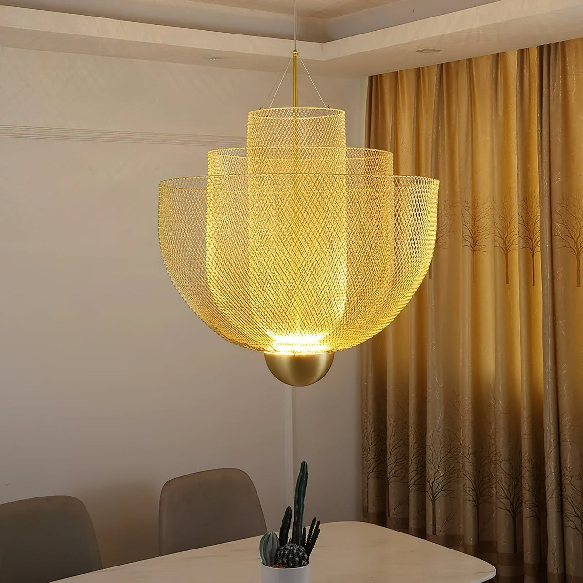Geometric Metal Chandelier with Integrated LED and Brass Accents – Three-Layered Design Lamp | Sansoti