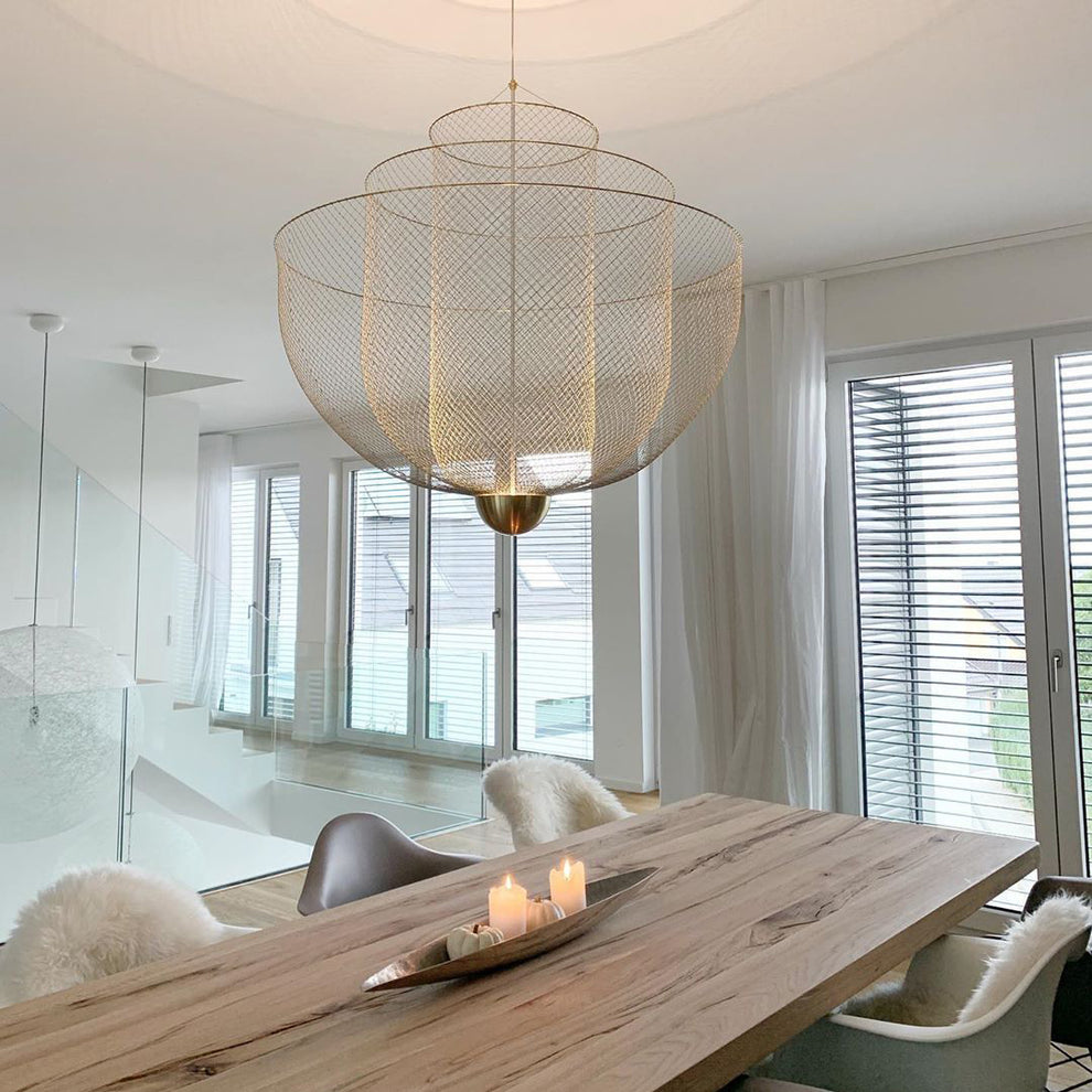 Geometric Metal Chandelier with Integrated LED and Brass Accents – Three-Layered Design Lamp | Sansoti