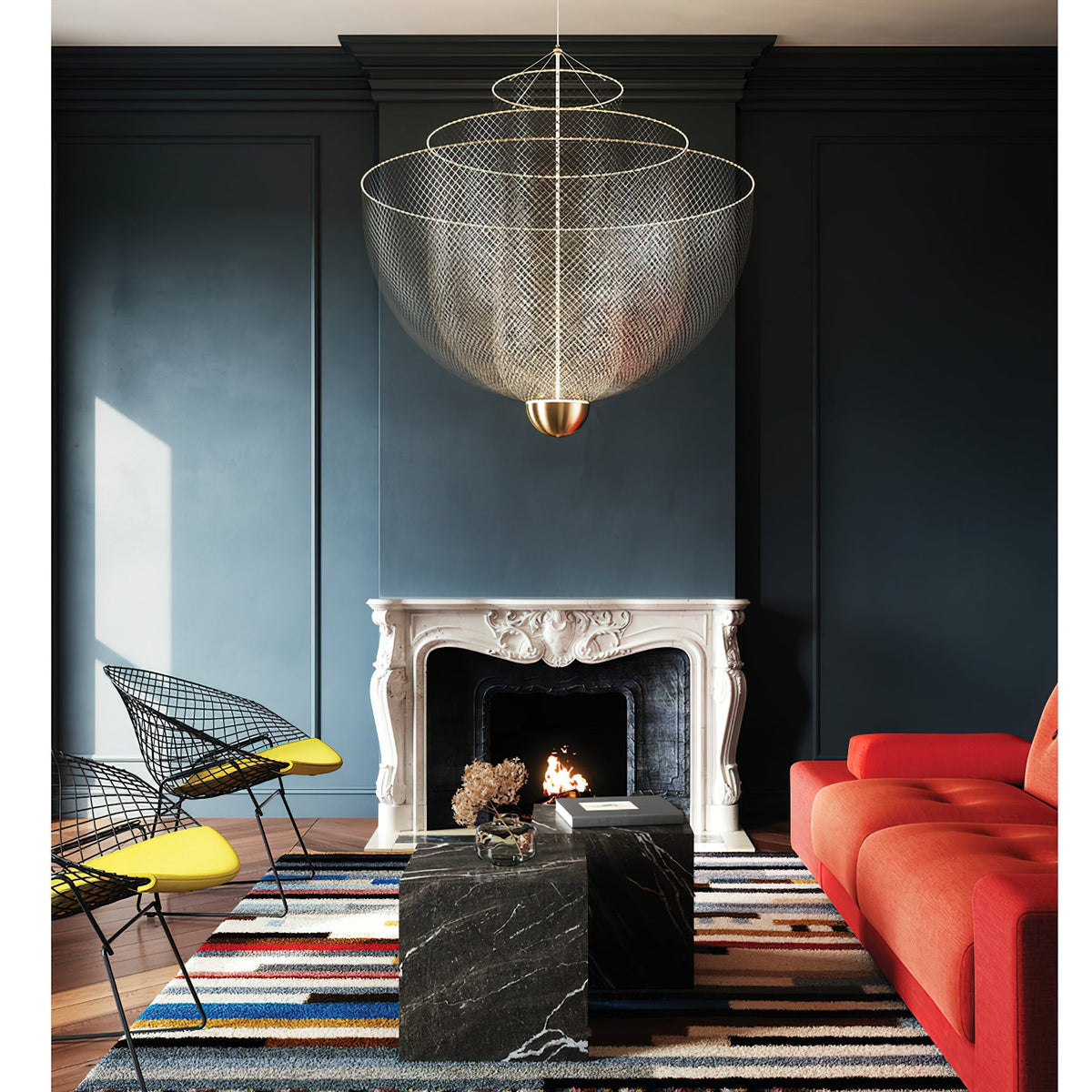 Geometric Metal Chandelier with Integrated LED and Brass Accents – Three-Layered Design Lamp | Sansoti