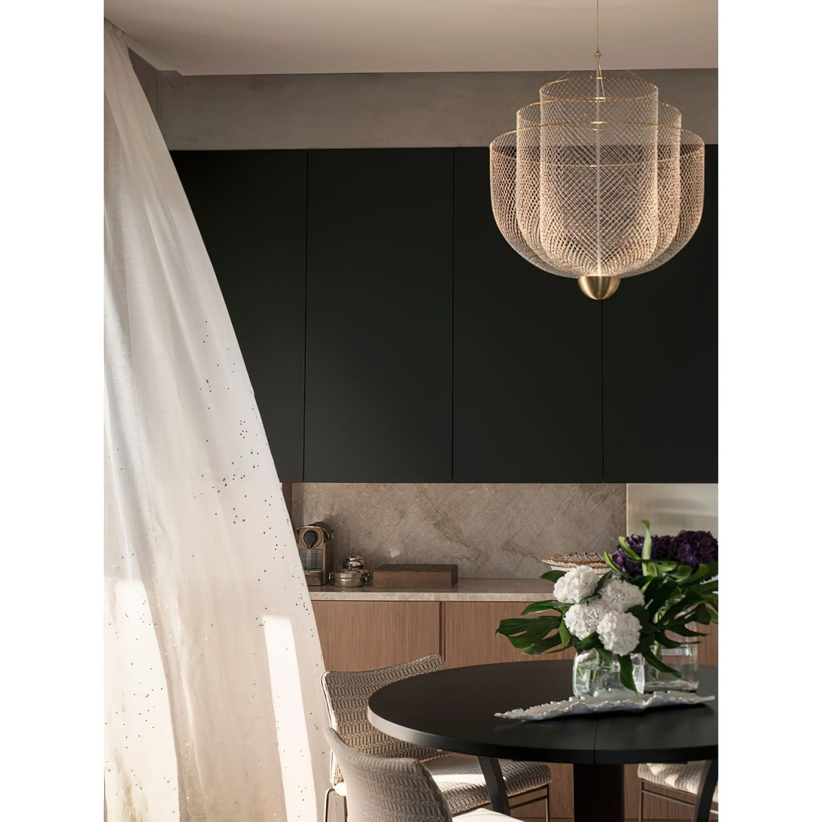 Geometric Metal Chandelier with Integrated LED and Brass Accents – Three-Layered Design Lamp | Sansoti