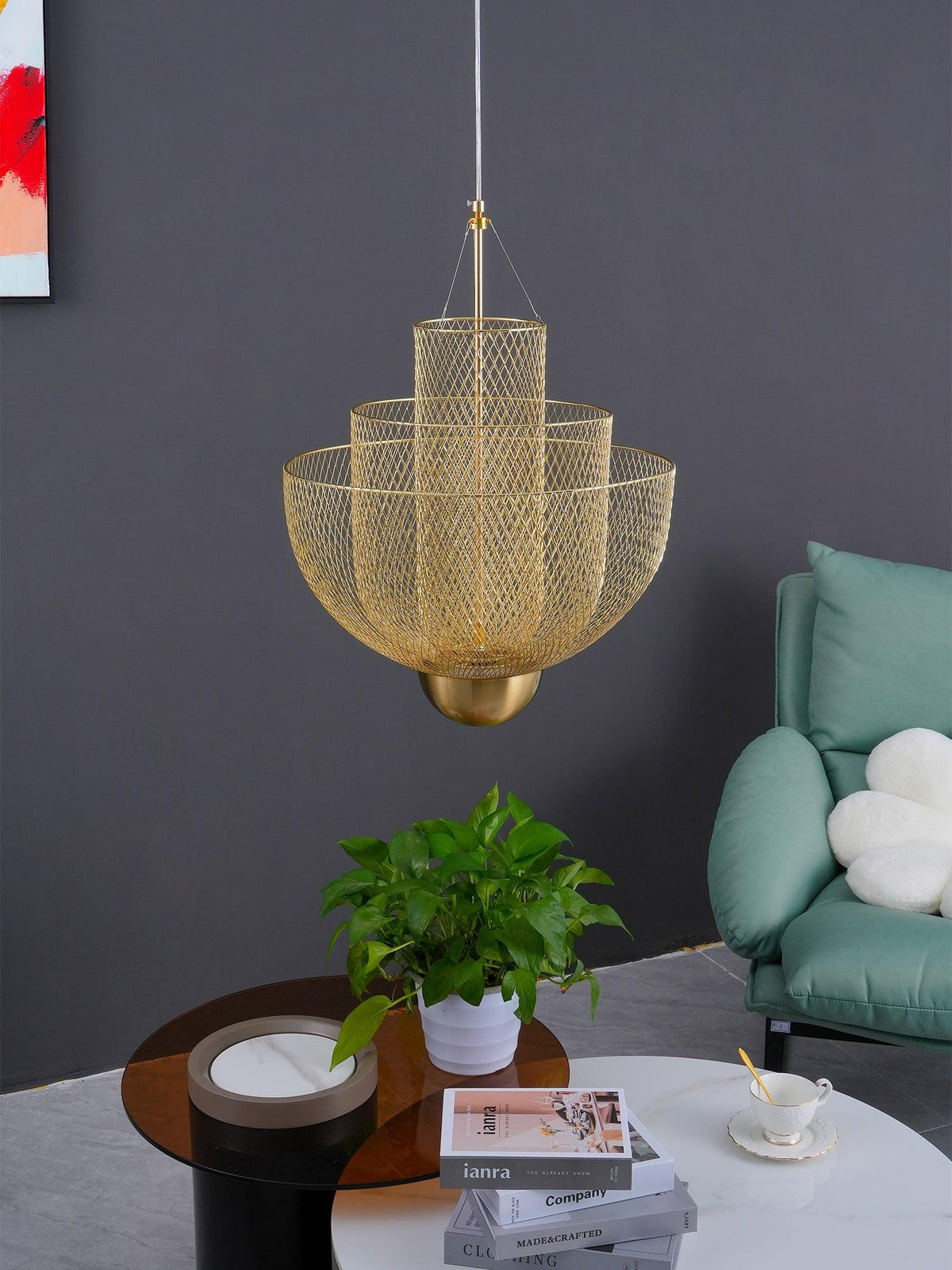 Geometric Metal Chandelier with Integrated LED and Brass Accents – Three-Layered Design Lamp | Sansoti