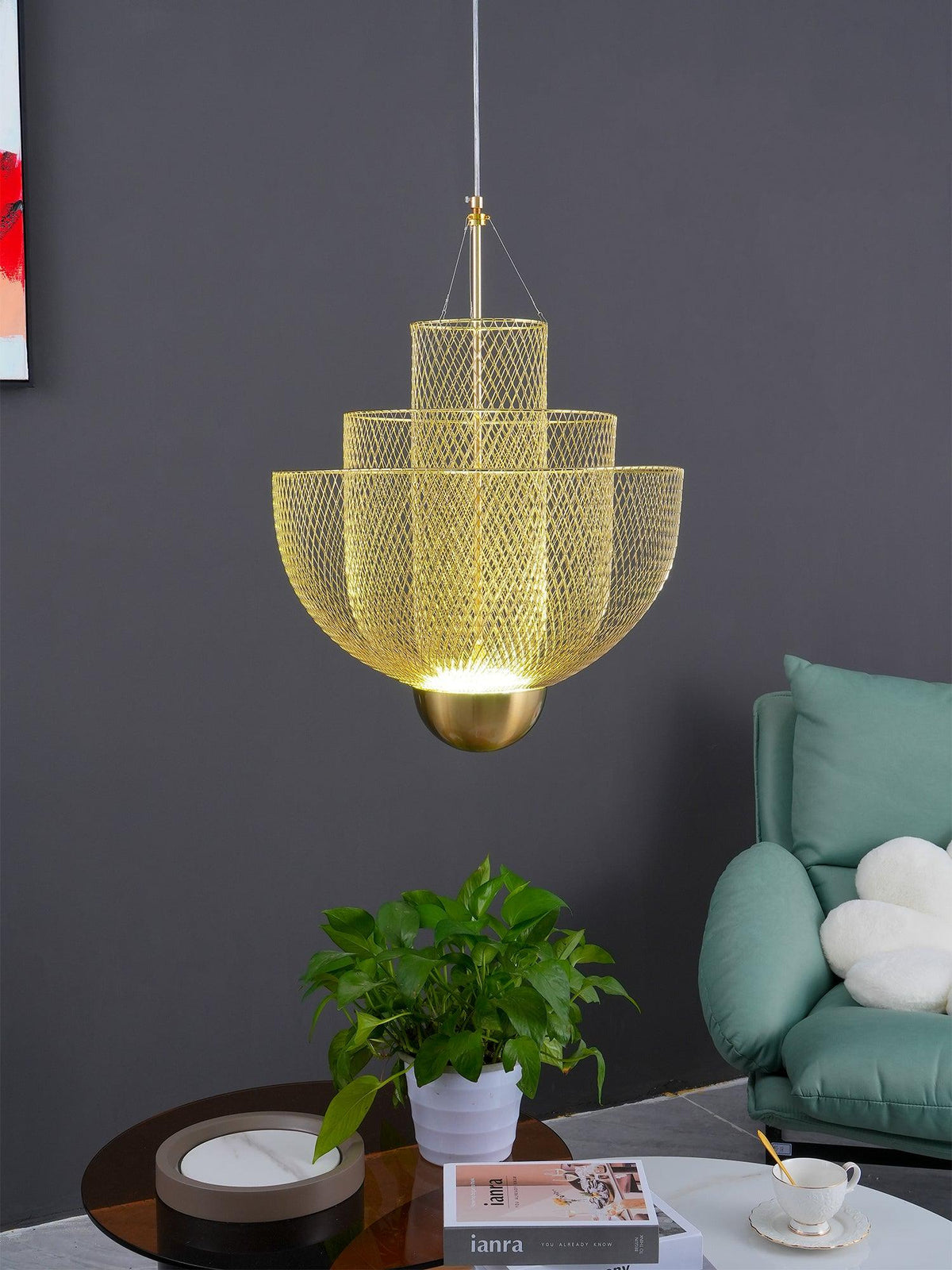 Geometric Metal Chandelier with Integrated LED and Brass Accents – Three-Layered Design Lamp | Sansoti