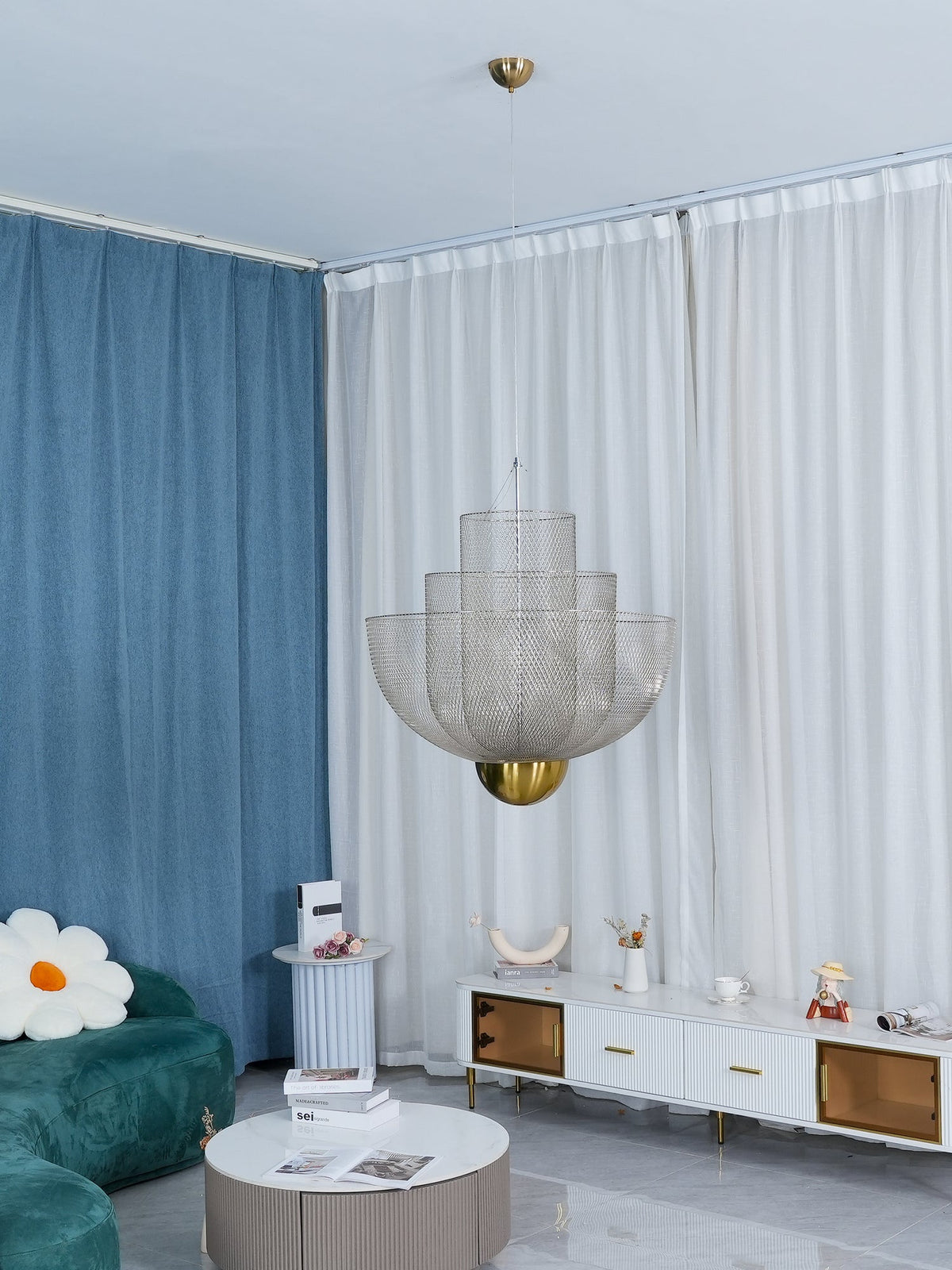 Geometric Metal Chandelier with Integrated LED and Brass Accents – Three-Layered Design Lamp | Sansoti