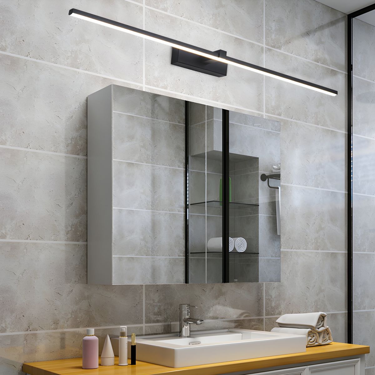 Linear Mirror Lighting Metal – Integrated LED Wall Lamp in Black – 3 Lengths | Sansoti