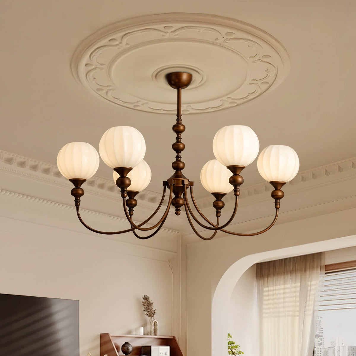 Lustre Mirena – Bronze Antique avec Verre Cannelé – Vintage Moderne pour Salle à Manger Salon Entrée | Sansoti
