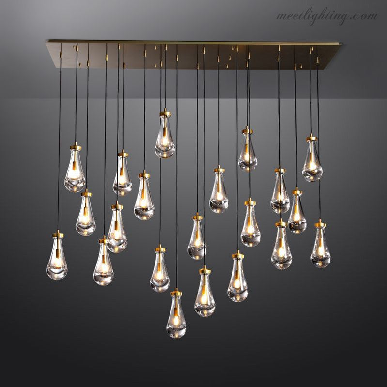 Rectangular Chandelier with Teardrop-Shaped Glass Pendants Brass Black Nickel for Dining Room and Living Room | Sansoti