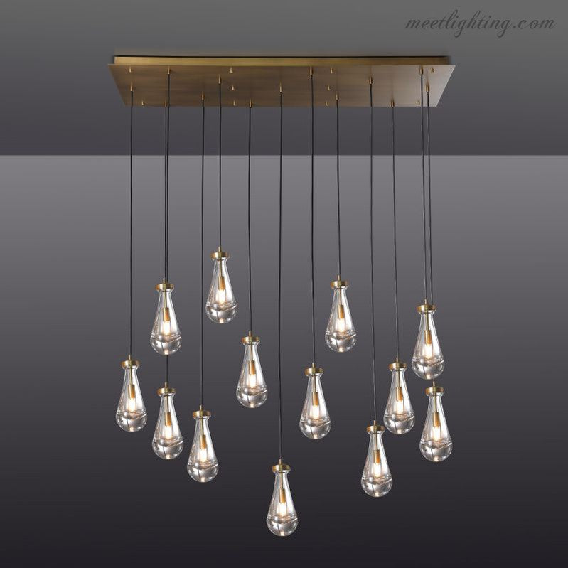 Rectangular Chandelier with Teardrop-Shaped Glass Pendants Brass Black Nickel for Dining Room and Living Room | Sansoti
