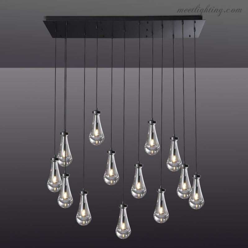 Rectangular Chandelier with Teardrop-Shaped Glass Pendants Brass Black Nickel for Dining Room and Living Room | Sansoti