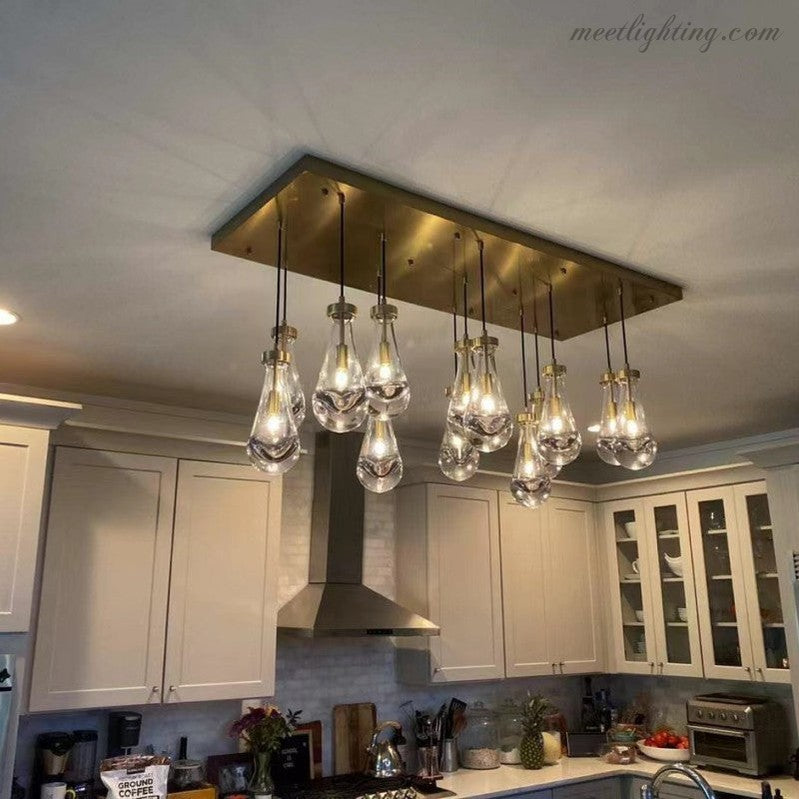 Rectangular Chandelier with Teardrop-Shaped Glass Pendants Brass Black Nickel for Dining Room and Living Room | Sansoti