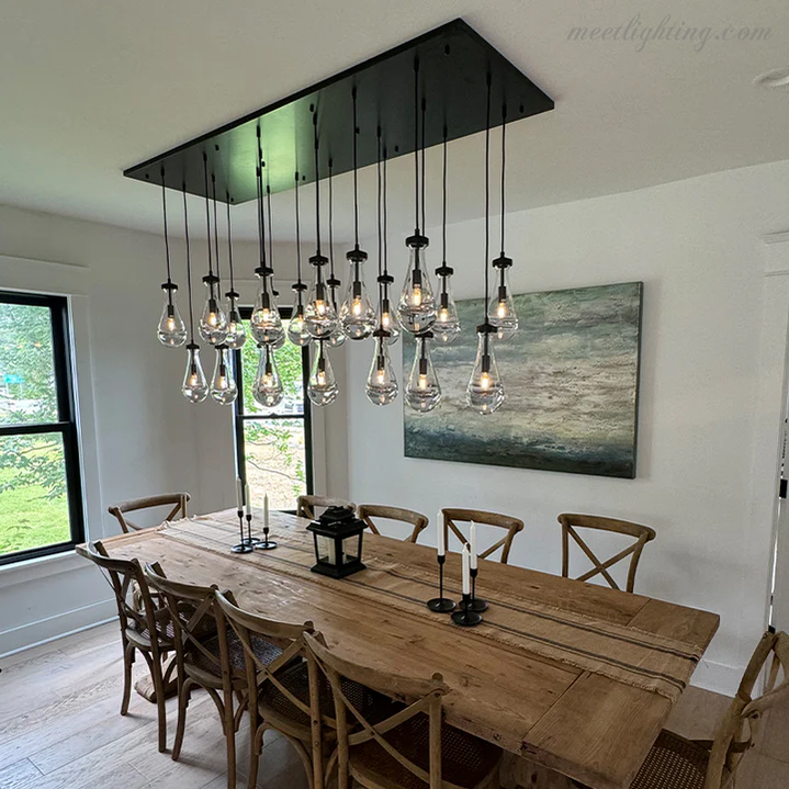 Rectangular Chandelier with Teardrop-Shaped Glass Pendants Brass Black Nickel for Dining Room and Living Room | Sansoti