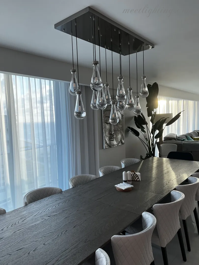 Rectangular Chandelier with Teardrop-Shaped Glass Pendants Brass Black Nickel for Dining Room and Living Room | Sansoti